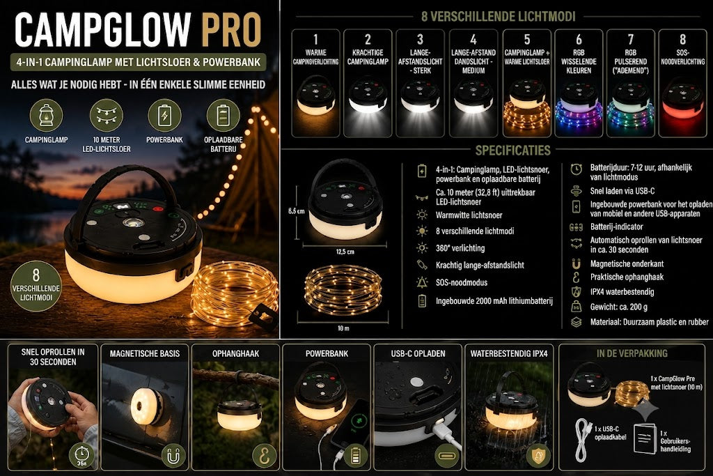 CampGlow 4-in-1 Oplaadbare Campinglantaarn met Lichtsnoer en Powerbank