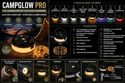 CampGlow 4-in-1 Oplaadbare Campinglantaarn met Lichtsnoer en Powerbank