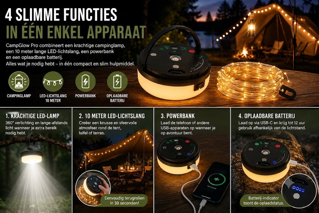 CampGlow 4-in-1 Oplaadbare Campinglantaarn met Lichtsnoer en Powerbank