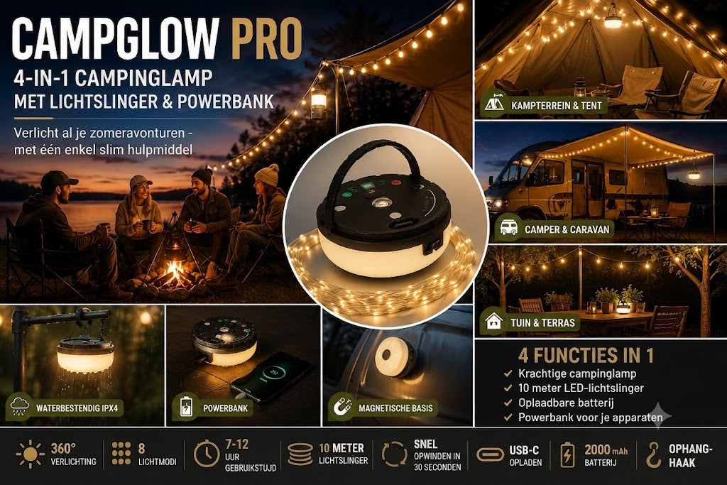 CampGlow 4-in-1 Oplaadbare Campinglantaarn met Lichtsnoer en Powerbank