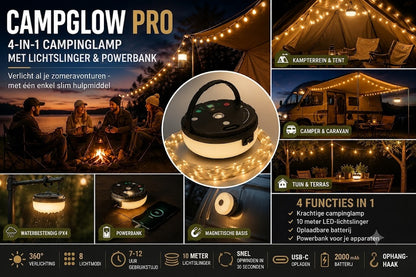 CampGlow 4-in-1 Oplaadbare Campinglantaarn met Lichtsnoer en Powerbank