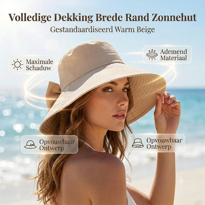 🎀 Dames Zonnehoed met Strik en Brede Rand – Opvouwbaar