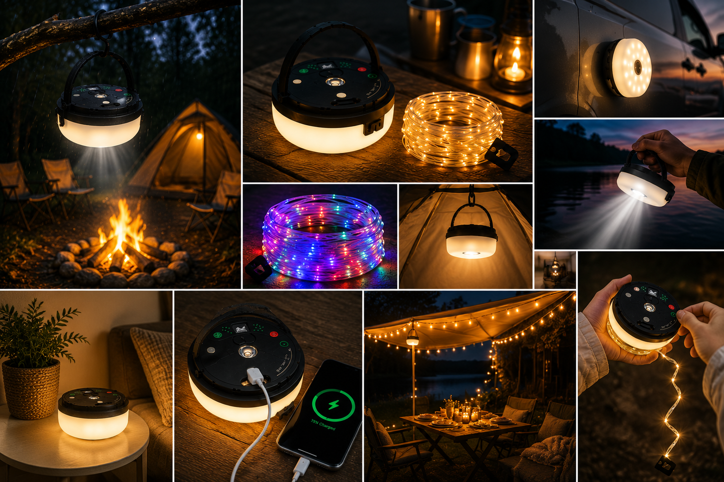 CampGlow 4-in-1 Oplaadbare Campinglantaarn met Lichtsnoer en Powerbank